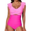 imageAleumdr Two Piece Tankini Swimsuits for Women Cutout Tummy Control Bathing Suit Ruffled V Neck Tank Tops with BottomHot Pink
