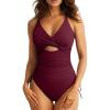 imageAleumdr Womens Ribbed One Piece Swimsuit Tummy Control High Cut Bathing Suit Sexy V Neck Criss Cross MonikiniBiking Red