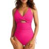 imageAleumdr Womens Ribbed One Piece Swimsuit Tummy Control High Cut Bathing Suit Sexy V Neck Criss Cross MonikiniRose Red