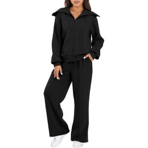 imageAleumdr Two Piece Outfits Half Zip Sweatshirt Sweatsuit Lounge Sets for Women Matching Set Wide Leg Sweatpant TracksuitA1 Black