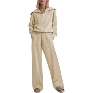 imageAleumdr Two Piece Outfits Half Zip Sweatshirt Sweatsuit Lounge Sets for Women Matching Set Wide Leg Sweatpant TracksuitA10 Beige