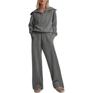 imageAleumdr Two Piece Outfits Half Zip Sweatshirt Sweatsuit Lounge Sets for Women Matching Set Wide Leg Sweatpant TracksuitA13 Gray