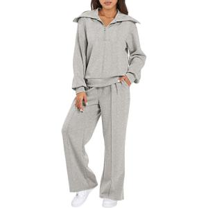 imageAleumdr Two Piece Outfits Half Zip Sweatshirt Sweatsuit Lounge Sets for Women Matching Set Wide Leg Sweatpant TracksuitA2 Gray