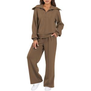 imageAleumdr Two Piece Outfits Half Zip Sweatshirt Sweatsuit Lounge Sets for Women Matching Set Wide Leg Sweatpant TracksuitA3 Coffee
