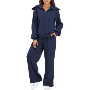 imageAleumdr Two Piece Outfits Half Zip Sweatshirt Sweatsuit Lounge Sets for Women Matching Set Wide Leg Sweatpant TracksuitA4 Navy Blue