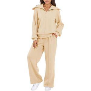 imageAleumdr Two Piece Outfits Half Zip Sweatshirt Sweatsuit Lounge Sets for Women Matching Set Wide Leg Sweatpant TracksuitA5 Apricot