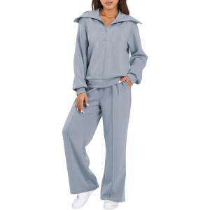 imageAleumdr Two Piece Outfits Half Zip Sweatshirt Sweatsuit Lounge Sets for Women Matching Set Wide Leg Sweatpant TracksuitA6 Light Blue