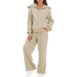imageAleumdr Two Piece Outfits Half Zip Sweatshirt Sweatsuit Lounge Sets for Women Matching Set Wide Leg Sweatpant TracksuitA7 Beige