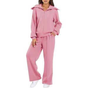 imageAleumdr Two Piece Outfits Half Zip Sweatshirt Sweatsuit Lounge Sets for Women Matching Set Wide Leg Sweatpant TracksuitA8 Pink