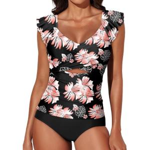 imageAleumdr Two Piece Tankini Swimsuits for Women Cutout Tummy Control Bathing Suit Ruffled V Neck Tank Tops with BottomBlack Floral