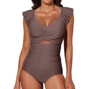 imageAleumdr Two Piece Tankini Swimsuits for Women Cutout Tummy Control Bathing Suit Ruffled V Neck Tank Tops with BottomDark Brown