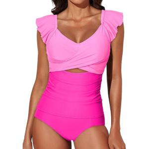 imageAleumdr Two Piece Tankini Swimsuits for Women Cutout Tummy Control Bathing Suit Ruffled V Neck Tank Tops with BottomHot Pink
