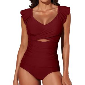 imageAleumdr Two Piece Tankini Swimsuits for Women Cutout Tummy Control Bathing Suit Ruffled V Neck Tank Tops with BottomRed