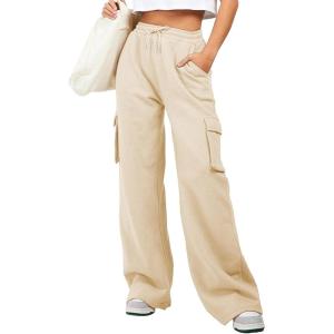 imageAleumdr Women High Waisted Drawstring Wide Leg Cargo Pants 2025 Trendy Casual Baggy Joggers Pants with PocketsBeige