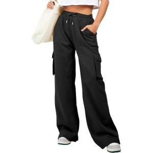 imageAleumdr Women High Waisted Drawstring Wide Leg Cargo Pants 2025 Trendy Casual Baggy Joggers Pants with PocketsBlack