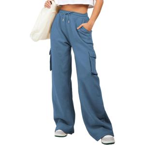 imageAleumdr Women High Waisted Drawstring Wide Leg Cargo Pants 2025 Trendy Casual Baggy Joggers Pants with PocketsBlue