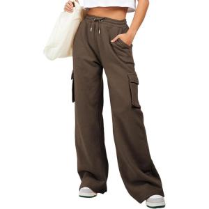 imageAleumdr Women High Waisted Drawstring Wide Leg Cargo Pants 2025 Trendy Casual Baggy Joggers Pants with PocketsCoffee