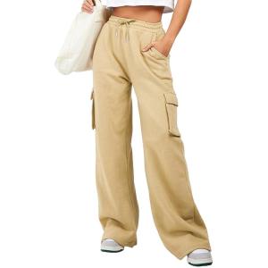 imageAleumdr Women High Waisted Drawstring Wide Leg Cargo Pants 2025 Trendy Casual Baggy Joggers Pants with PocketsFlaxen