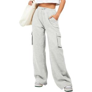imageAleumdr Women High Waisted Drawstring Wide Leg Cargo Pants 2025 Trendy Casual Baggy Joggers Pants with PocketsLight Grey