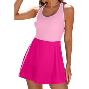 imageAleumdr Women One Piece Swimsuit Skirt Tummy Control Bathing Suit Color Block Swim Dress Swimwear with PocketsPink