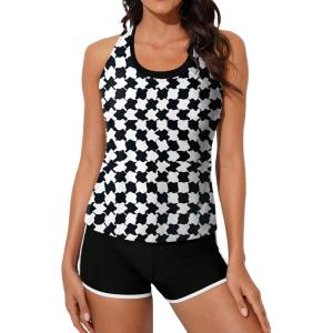 imageAleumdr Womens Athletic 3 Piece Tankini Swimsuits with Shorts Swim Tank Tops with Sports Bra and Boyshorts Bathing SuitsBlack Printed