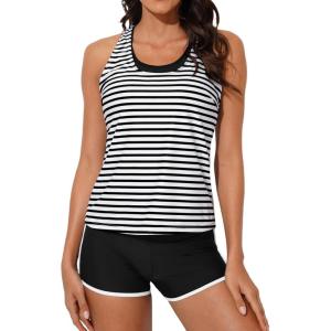imageAleumdr Womens Athletic 3 Piece Tankini Swimsuits with Shorts Swim Tank Tops with Sports Bra and Boyshorts Bathing SuitsBlack Stripe