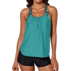 imageAleumdr Womens Blouson Striped Printed Push up Strappy TBack Tankini Top with ShortsAvailable in PlusGreen Floral