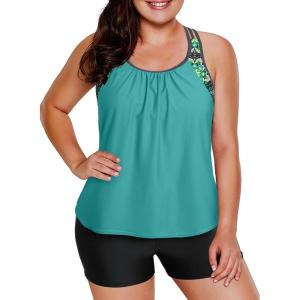 imageAleumdr Womens Blouson Striped Printed Push up Strappy TBack Tankini Top with ShortsAvailable in PlusZzz Green Floral