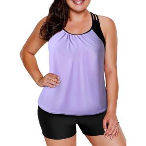 imageAleumdr Womens Blouson Striped Printed Push up Strappy TBack Tankini Top with ShortsAvailable in PlusZzz Purple