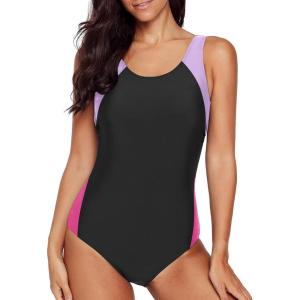 imageAleumdr Womens Color Block Print One Piece Swimsuits Athletic Training Swimwear Bathing SuitsP Black