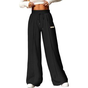 imageAleumdr Womens High Waisted Drawstring Waist Wide Leg Sweatpants with Pockets Casual Loose Yoga PantsBlackleather Label