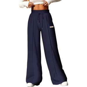 imageAleumdr Womens High Waisted Drawstring Waist Wide Leg Sweatpants with Pockets Casual Loose Yoga PantsNavy Blue Leather Label