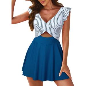 imageAleumdr Womens One Piece Swimsuit Ruffle Cutout Swimdress Tummy Control V Neck Wrap SwimwearBlue Stripe