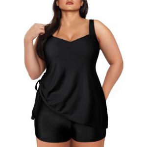 imageAleumdr Womens Plus Size Tankini Swimsuit 2 Piece Tummy Control Bathing Suit Blouson Tankni Top with Boy Short 2025Black