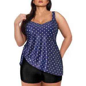 imageAleumdr Womens Plus Size Tankini Swimsuit 2 Piece Tummy Control Bathing Suit Blouson Tankni Top with Boy Short 2025Polka Dot Navy Blue