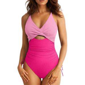 imageAleumdr Womens Ribbed One Piece Swimsuit Tummy Control High Cut Bathing Suit Sexy V Neck Criss Cross MonikiniPink Rose
