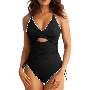 imageAleumdr Womens Ribbed One Piece Swimsuit Tummy Control High Cut Bathing Suit Sexy V Neck Criss Cross MonikiniShell Edge Black