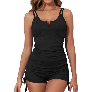 imageAleumdr Womens Two Piece Tankini Swimsuit Tummy Control Bathing Suit V Neck Swim Tank Top with BoyshortsBlack