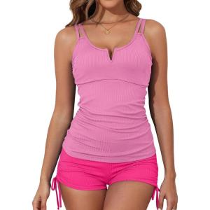 imageAleumdr Womens Two Piece Tankini Swimsuit Tummy Control Bathing Suit V Neck Swim Tank Top with BoyshortsColor Block Pink