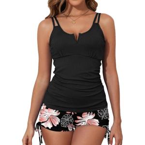 imageAleumdr Womens Two Piece Tankini Swimsuit Tummy Control Bathing Suit V Neck Swim Tank Top with BoyshortsFlora Black