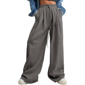 imageAleumdr Wide Leg Sweatpants for Women 2025 Trendy Fashion High Waisted Drawstring Loose Long Pants with PocketsDark Grey