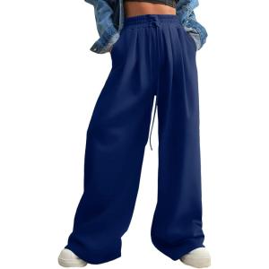 imageAleumdr Wide Leg Sweatpants for Women 2025 Trendy Fashion High Waisted Drawstring Loose Long Pants with PocketsNavy Blue