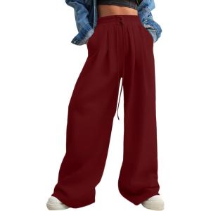 imageAleumdr Wide Leg Sweatpants for Women 2025 Trendy Fashion High Waisted Drawstring Loose Long Pants with PocketsRed