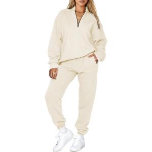 imageAleumdr Women 2 Piece Outfits Sweatsuit Oversized Half Zip Pullover Long Sleeve Sweatshirt Jogger Pants Set with PocketsApricot