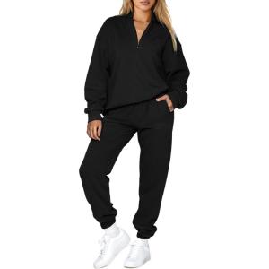 imageAleumdr Women 2 Piece Outfits Sweatsuit Oversized Half Zip Pullover Long Sleeve Sweatshirt Jogger Pants Set with PocketsBlack