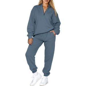 imageAleumdr Women 2 Piece Outfits Sweatsuit Oversized Half Zip Pullover Long Sleeve Sweatshirt Jogger Pants Set with PocketsBluegrey