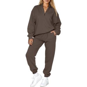 imageAleumdr Women 2 Piece Outfits Sweatsuit Oversized Half Zip Pullover Long Sleeve Sweatshirt Jogger Pants Set with PocketsBrown