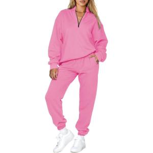 imageAleumdr Women 2 Piece Outfits Sweatsuit Oversized Half Zip Pullover Long Sleeve Sweatshirt Jogger Pants Set with PocketsHot Pink