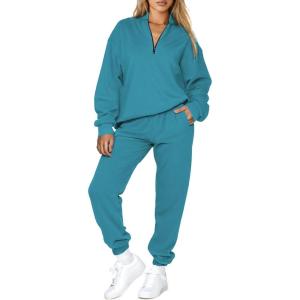 imageAleumdr Women 2 Piece Outfits Sweatsuit Oversized Half Zip Pullover Long Sleeve Sweatshirt Jogger Pants Set with PocketsPeacock Green