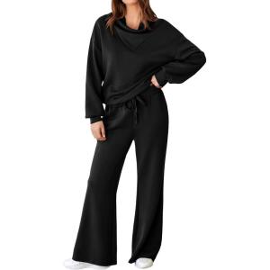 imageAleumdr Womens 2 Piece Outfits Lounge Set Mock Neck Long Sleeve Sweatshirt With Wide Leg Pants Sweatsuit Fall 2025Black